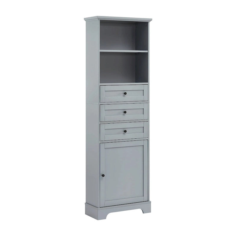 Tall Freestanding Bathroom Storage Cabinet with 3 Drawers Open Shelves Grey White