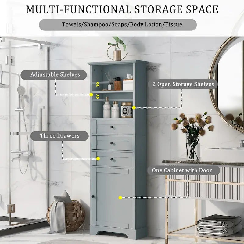 Tall Freestanding Bathroom Storage Cabinet with 3 Drawers Open Shelves Grey White