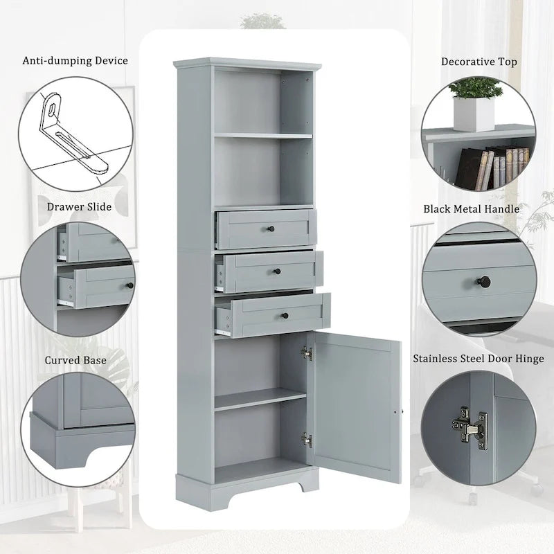 Tall Freestanding Bathroom Storage Cabinet with 3 Drawers Open Shelves Grey White