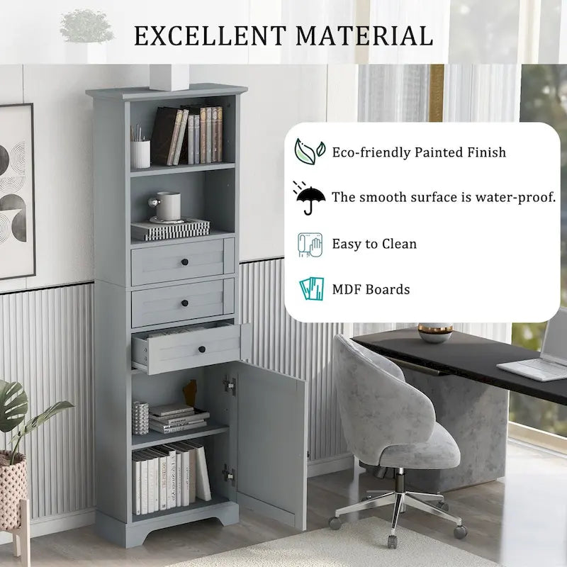 Tall Freestanding Bathroom Storage Cabinet with 3 Drawers Open Shelves Grey White