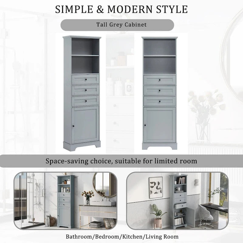 Tall Freestanding Bathroom Storage Cabinet with 3 Drawers Open Shelves Grey White