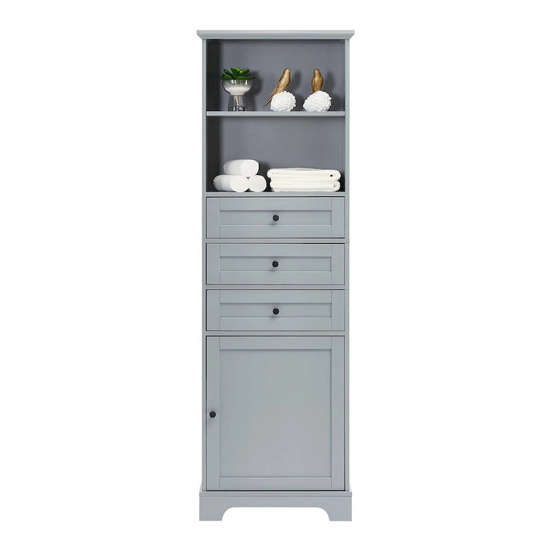 Tall Freestanding Bathroom Storage Cabinet with 3 Drawers Open Shelves Grey White