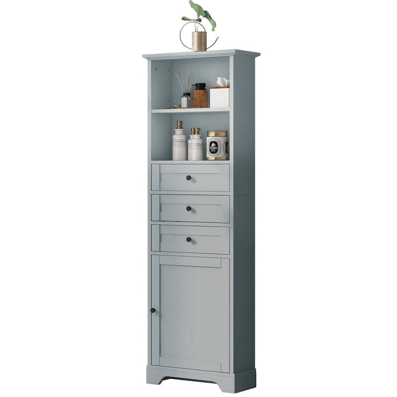 Tall Freestanding Bathroom Storage Cabinet with 3 Drawers Open Shelves Grey White