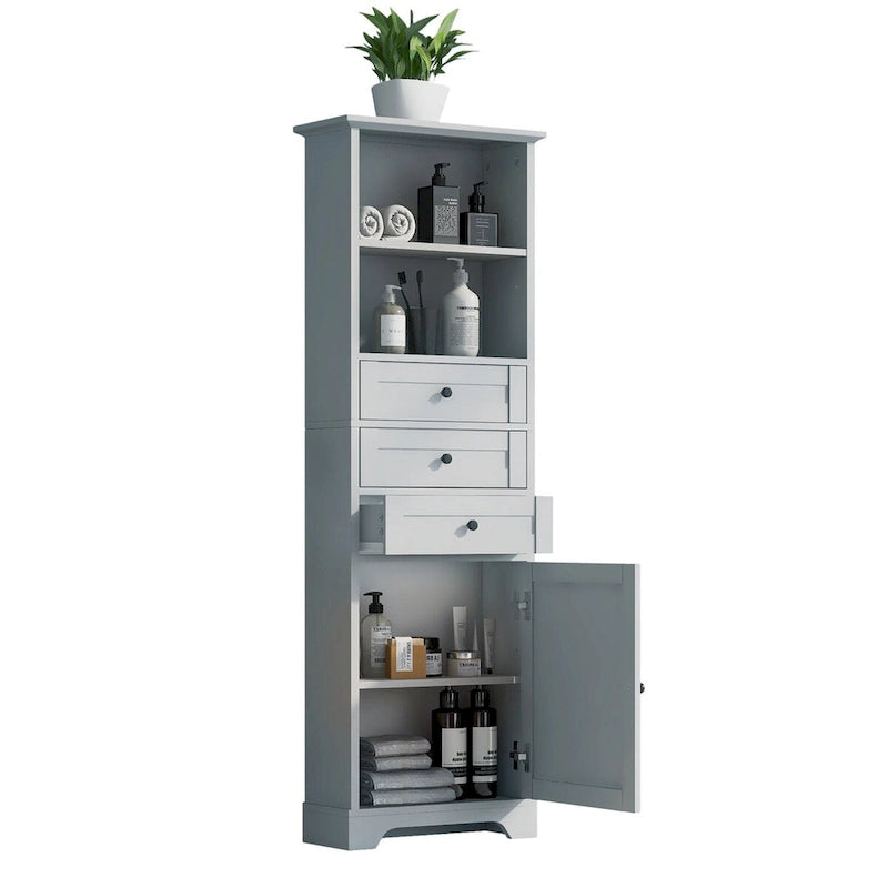 Tall Freestanding Bathroom Storage Cabinet with 3 Drawers Open Shelves Grey White