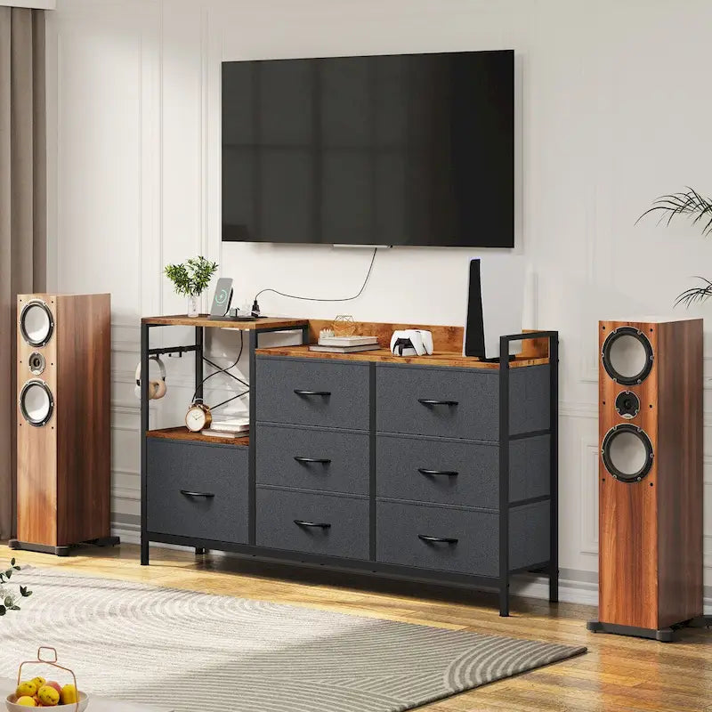 7-Drawer Fabric Dresser TV Stand with Charging Station and Open Shelves, Gray, Black