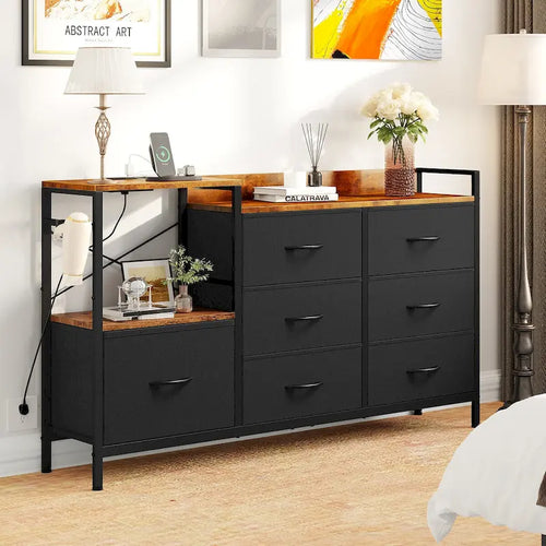 7-Drawer Fabric Dresser TV Stand with Charging Station and Open Shelves, Gray, Black