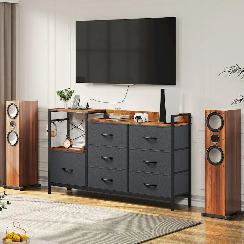 7-Drawer Fabric Dresser TV Stand with Charging Station and Open Shelves, Gray, Black