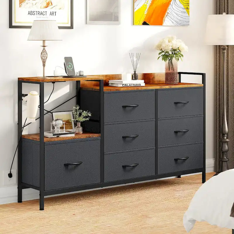 7-Drawer Fabric Dresser TV Stand with Charging Station and Open Shelves, Gray, Black