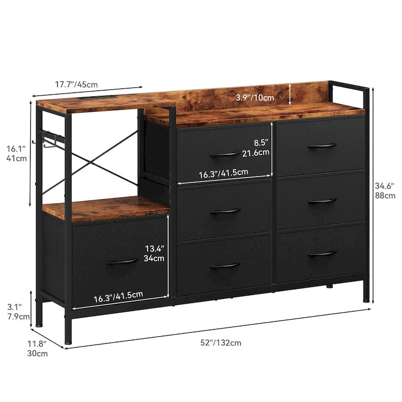 7-Drawer Fabric Dresser TV Stand with Charging Station and Open Shelves, Gray, Black