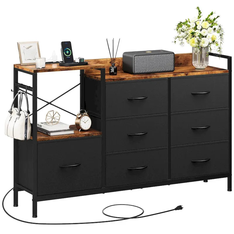 7-Drawer Fabric Dresser TV Stand with Charging Station and Open Shelves, Gray, Black