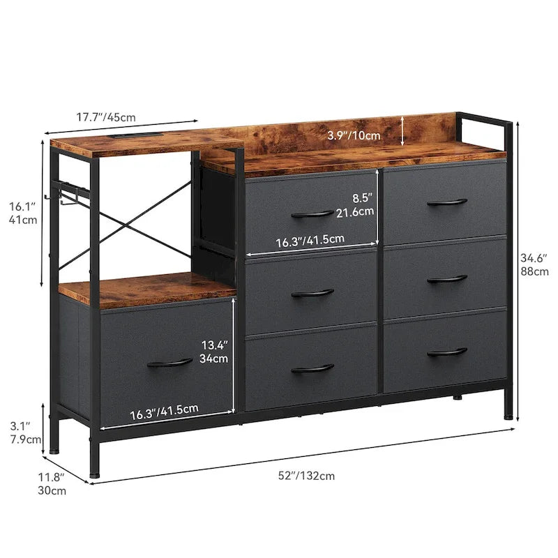 7-Drawer Fabric Dresser TV Stand with Charging Station and Open Shelves, Gray, Black