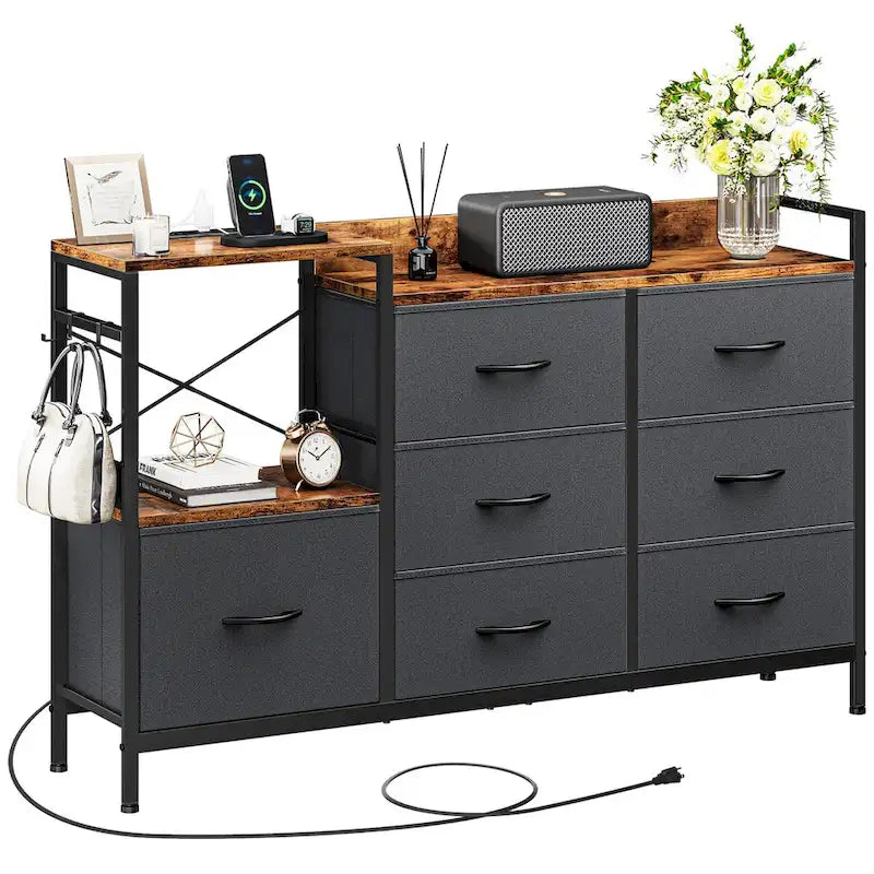 7-Drawer Fabric Dresser TV Stand with Charging Station and Open Shelves, Gray, Black