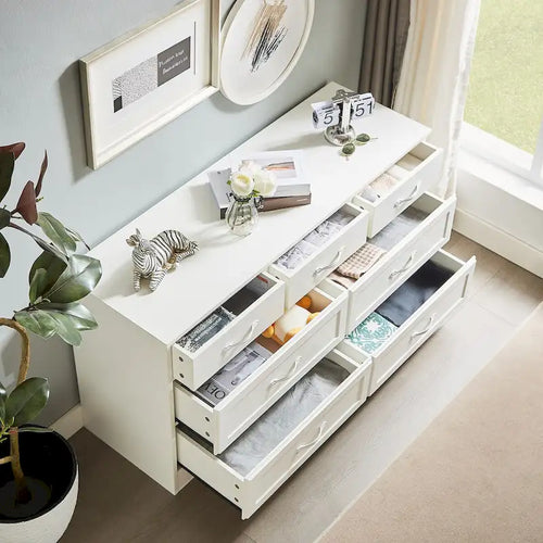 Commode en bois à 7 tiroirs avec rails de glissement lisses, coffre de rangement blanc
