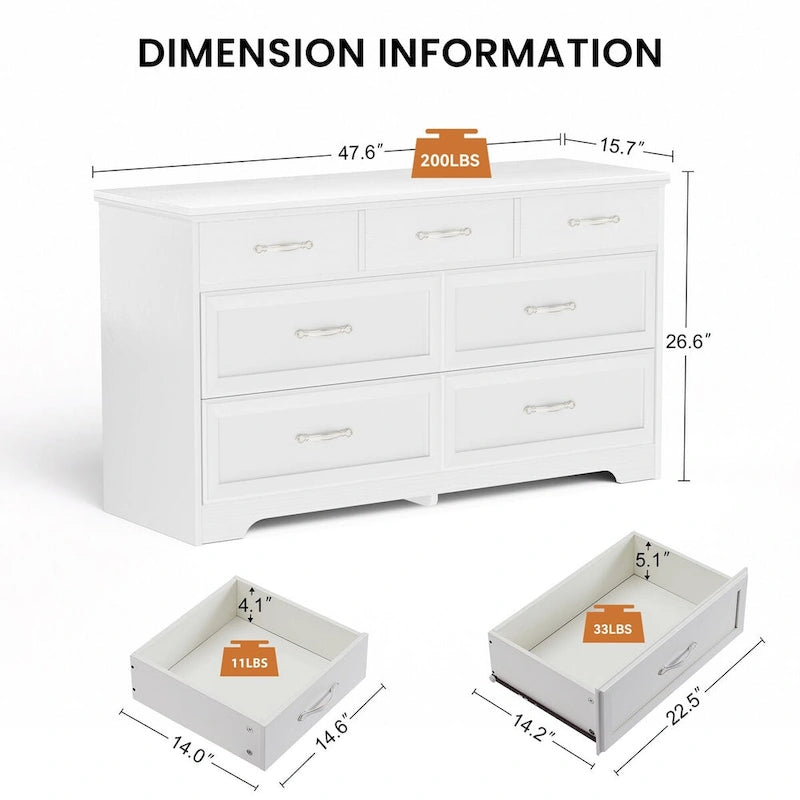 7-Drawer Wood Dresser with Smooth Glide Rails White Storage Chest