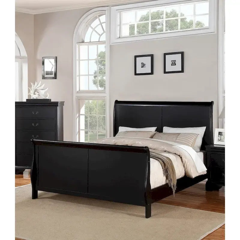 Black Sleigh Bed Frame with Curved Headboard and Footboard, Solid Wood