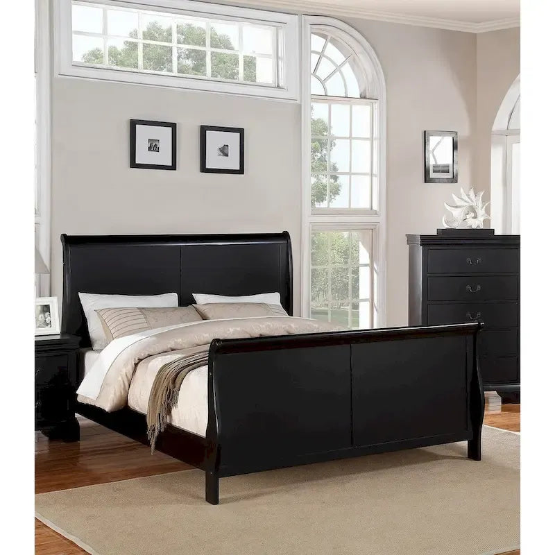 Black Sleigh Bed Frame with Curved Headboard and Footboard, Solid Wood