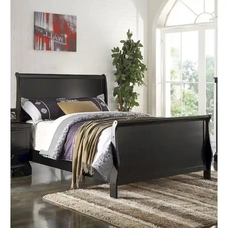 Black Sleigh Bed Frame with Curved Headboard and Footboard, Solid Wood