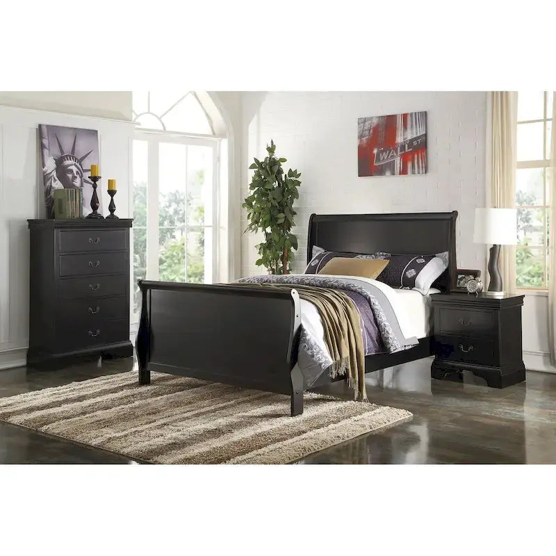 Black Sleigh Bed Frame with Curved Headboard and Footboard, Solid Wood