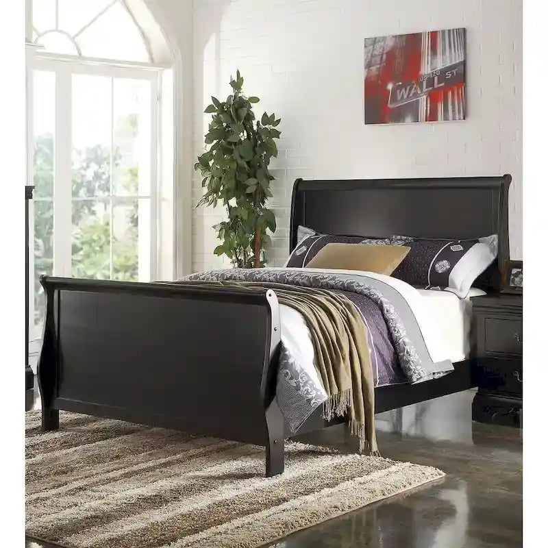 Black Sleigh Bed Frame with Curved Headboard and Footboard, Solid Wood
