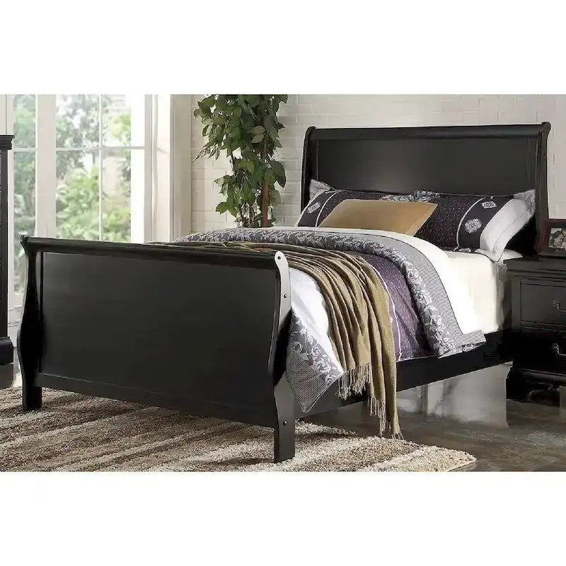 Black Sleigh Bed Frame with Curved Headboard and Footboard, Solid Wood