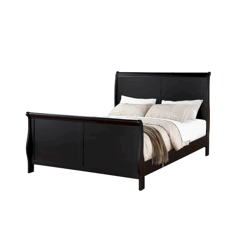 Black Sleigh Bed Frame with Curved Headboard and Footboard, Solid Wood