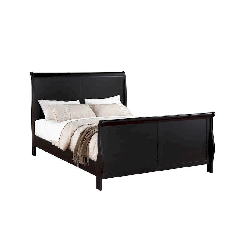 Black Sleigh Bed Frame with Curved Headboard and Footboard, Solid Wood