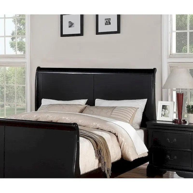Black Sleigh Bed Frame with Curved Headboard and Footboard, Solid Wood