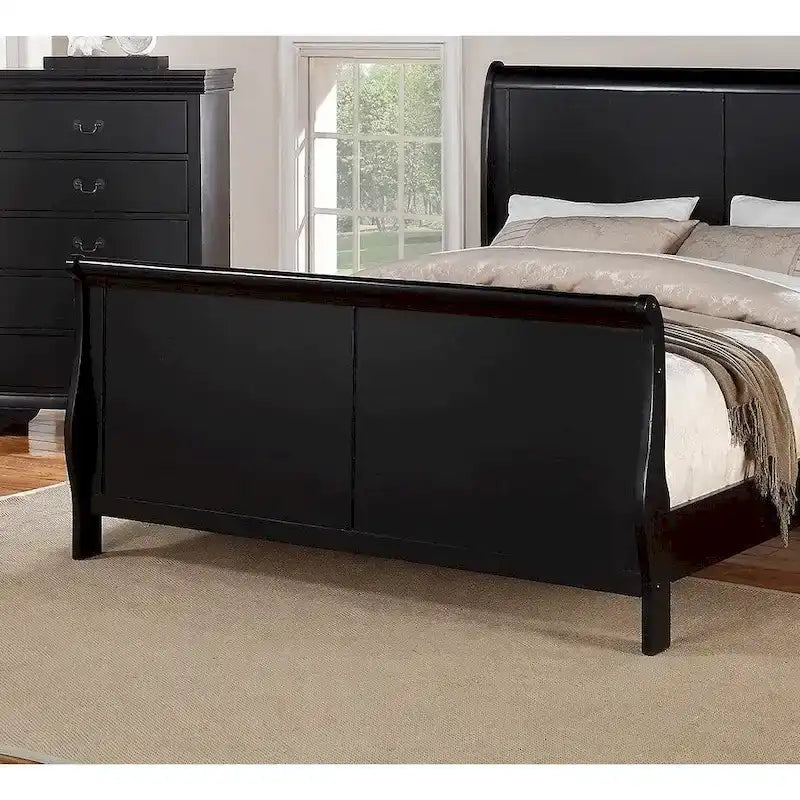 Black Sleigh Bed Frame with Curved Headboard and Footboard, Solid Wood